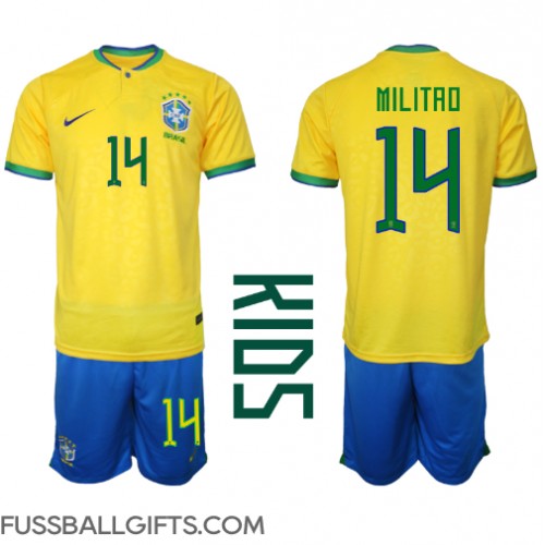 Brasilien Eder Militao #14 Fußballbekleidung Heimtrikot Kinder WM 2022 Kurzarm (+ kurze hosen)